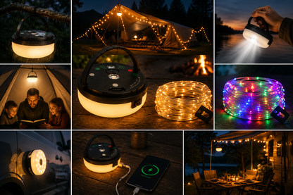 4-i-1 – Genopladelig campinglampe med lyskæde og powerbank
