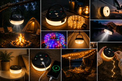 4-i-1 – Genopladelig campinglampe med lyskæde og powerbank